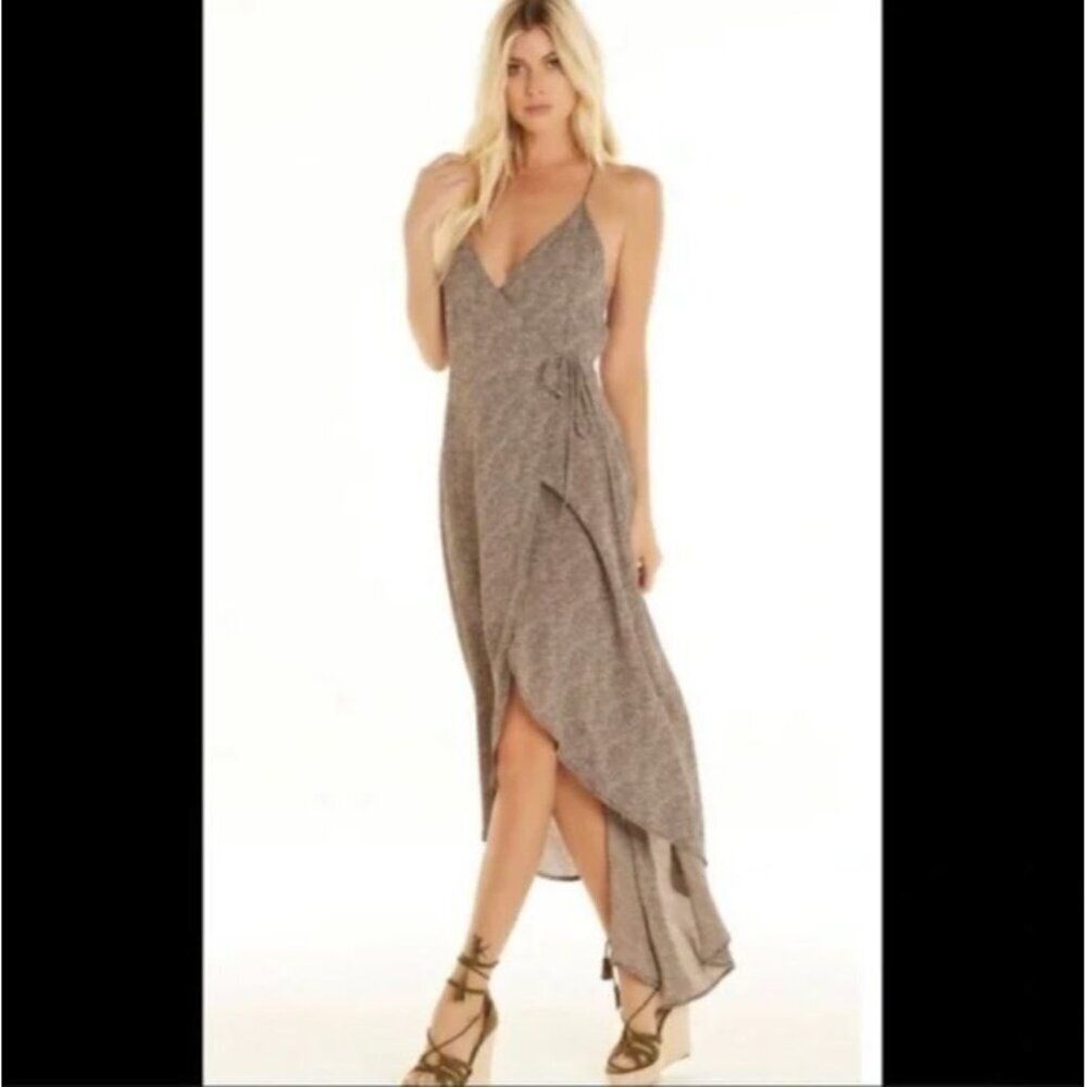 Lucy Love Alter Your Mood Amalfi Wrap Dress Taupe Cheetah Print Crepe Size M